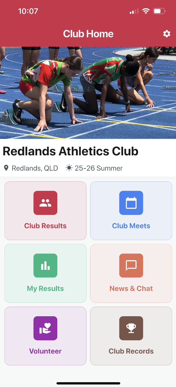 SplitFast Club Connect app Club Home screen showing six feature tiles including Club Results, Club Meets, My Results, News and Chat, Volunteer and Club Records for Redlands Athletics Club